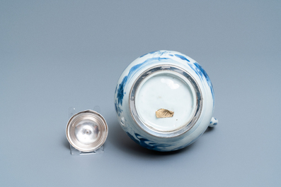A Chinese blue and white silver-mounted ewer, Transitional period