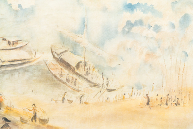 Tu Duyen (Vietnam, 1915-2012), encre et aquarelle sur soie: 'Harbour scene', dat&eacute; 1974