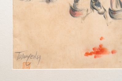 Tu Duyen (Vietnam, 1915-2012), ink and watercolour on silk: 'Palm and napalm', dated 1969