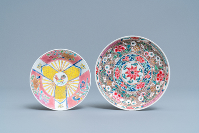 Two Chinese famille rose cups and saucers, Yongzheng
