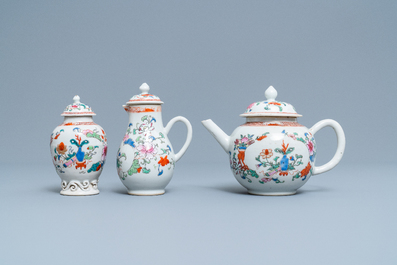 A Chinese famille rose teapot, tea caddy, milk jug and tray, Qianlong