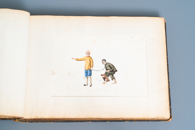 Ecole chinoise de Canton, encre et couleurs sur papier, 19&egrave;me: album de 29 paysages et sc&egrave;nes de punitions
