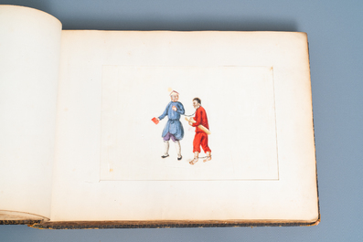 Ecole chinoise de Canton, encre et couleurs sur papier, 19&egrave;me: album de 29 paysages et sc&egrave;nes de punitions