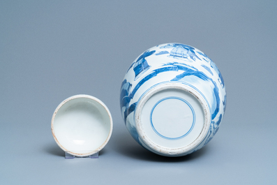 A Chinese blue and white covered jar with figures in a landscape, 19th C.