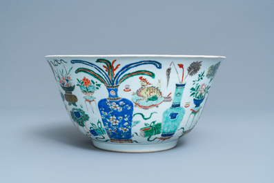 A large Chinese famille verte 'antiquities' bowl, Kangxi