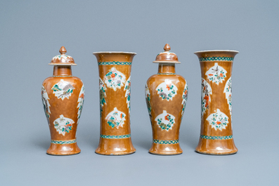 A Chinese famille verte capucin brown-ground four-piece garniture, 19th C.
