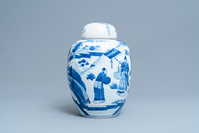 A Chinese blue and white covered jar with figures in a landscape, 19th C.