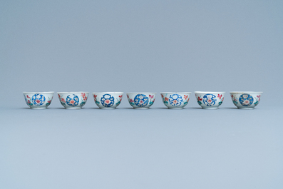Seven Chinese famille rose cups and five saucers, Qianlong