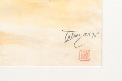 Tu Duyen (Vietnam, 1915-2012), encre et aquarelle sur soie: 'Harbour scene', dat&eacute; 1974