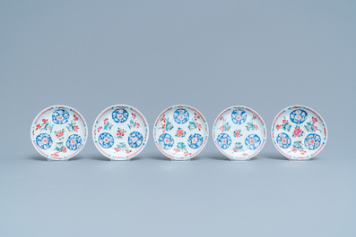 Seven Chinese famille rose cups and five saucers, Qianlong