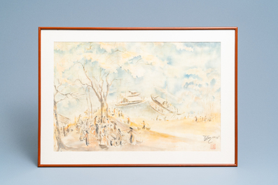 Tu Duyen (Vietnam, 1915-2012), encre et aquarelle sur soie: 'Harbour scene', dat&eacute; 1974