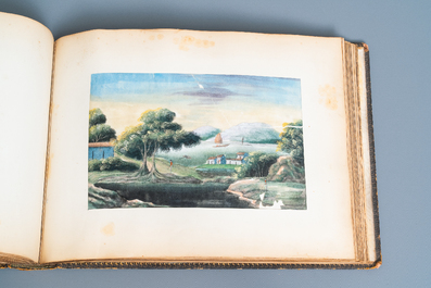 Ecole chinoise de Canton, encre et couleurs sur papier, 19&egrave;me: album de 29 paysages et sc&egrave;nes de punitions