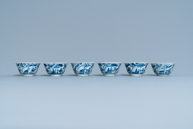 Zes Chinese blauw-witte koppen en schotels, Kangxi