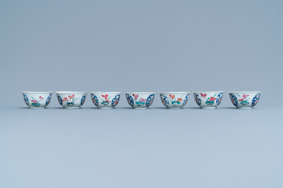 Seven Chinese famille rose cups and five saucers, Qianlong