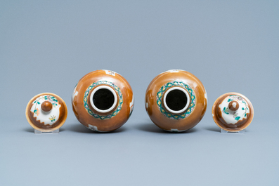 A Chinese famille verte capucin brown-ground four-piece garniture, 19th C.