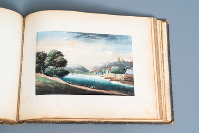 Ecole chinoise de Canton, encre et couleurs sur papier, 19&egrave;me: album de 29 paysages et sc&egrave;nes de punitions