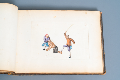 Ecole chinoise de Canton, encre et couleurs sur papier, 19&egrave;me: album de 29 paysages et sc&egrave;nes de punitions