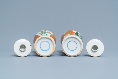 A Chinese famille verte capucin brown-ground four-piece garniture, 19th C.