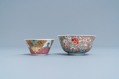 Two Chinese famille rose cups and saucers, Yongzheng