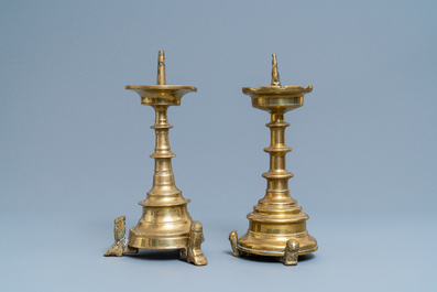 Two Flemish or Dutch bronze candlesticks, 15/16th C.