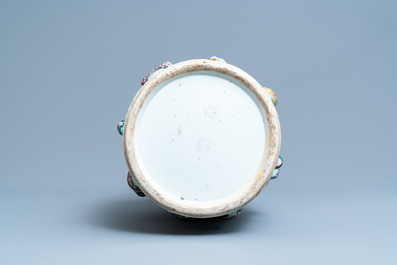A Chinese relief-moulded famille rose 'antiquities' vase, 19th C.