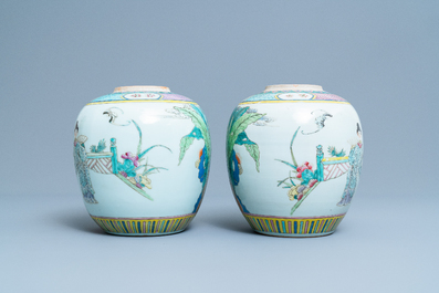 A pair of Chinese famille rose jars with narrative scenes, 19/20th C.