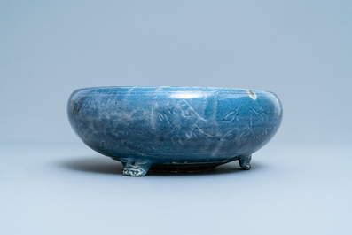 A Chinese monochrome blue censer with incised floral design, Ming