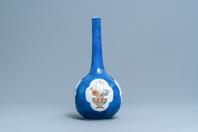 A Chinese famille verte powder blue-ground bottle vase, Kangxi