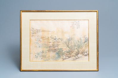 Chinese school, ink and colour on silk, 20th C.: 'Three landscape views'