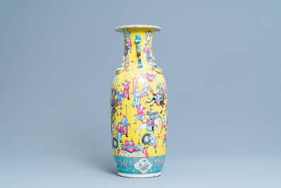 A Chinese yellow-ground famille rose 'warrior' vase, 19th C.