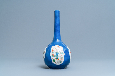 A Chinese famille verte powder blue-ground bottle vase, Kangxi