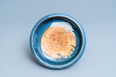 A Chinese monochrome blue censer with incised floral design, Ming