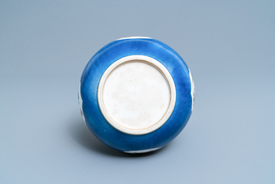 A Chinese famille verte powder blue-ground bottle vase, Kangxi