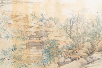 Chinese school, ink and colour on silk, 20th C.: 'Three landscape views'