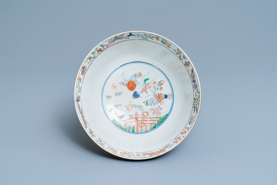 A Chinese verte-Imari powder blue-ground bowl, Kangxi