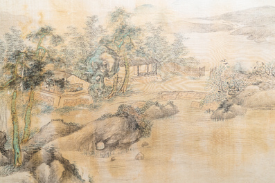 Chinese school, ink and colour on silk, 20th C.: 'Three landscape views'