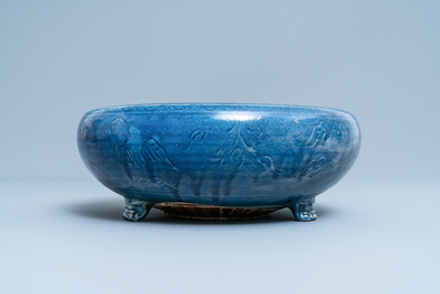 A Chinese monochrome blue censer with incised floral design, Ming