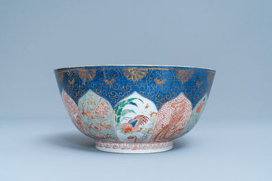 A Chinese verte-Imari powder blue-ground bowl, Kangxi