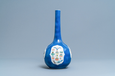 A Chinese famille verte powder blue-ground bottle vase, Kangxi