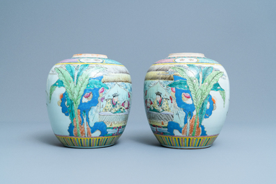 A pair of Chinese famille rose jars with narrative scenes, 19/20th C.