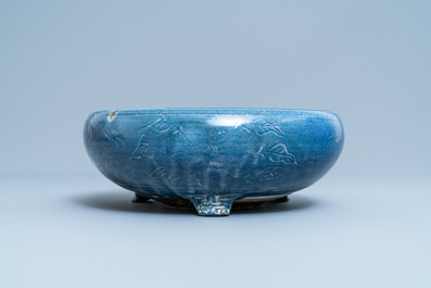 A Chinese monochrome blue censer with incised floral design, Ming