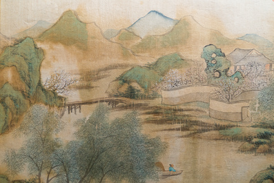 Chinese school, ink and colour on silk, 20th C.: 'Three landscape views'