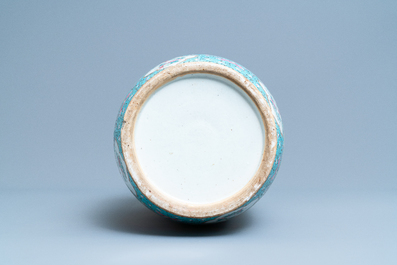 A Chinese yellow-ground famille rose 'warrior' vase, 19th C.