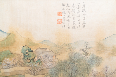 Chinese school, ink and colour on silk, 20th C.: 'Three landscape views'