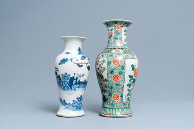 A Chinese famille verte vase and a blue and white vase, 19th C.