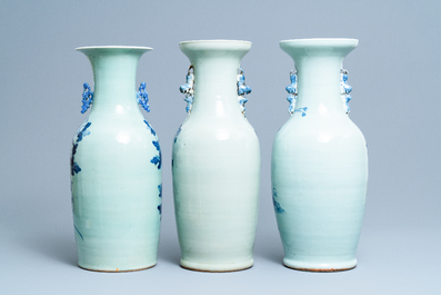 Three Chinese blue and white celadon-ground vases, 19th C.