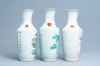 Three Chinese famille rose vases with narrative scenes, 19/20th C.