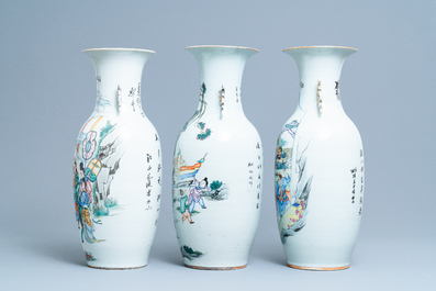 Three Chinese famille rose vases with narrative scenes, 19/20th C.