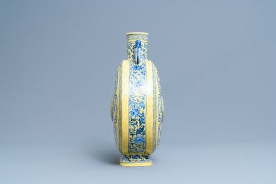 A Chinese yellow-ground blue and white 'Bajixiang' moon flask vase, Yongzheng mark, 19/20th C.