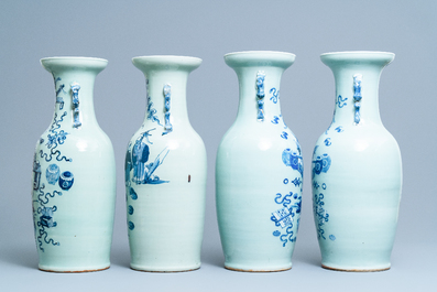 Vier Chinese vazen met blauw-wit decor op celadon fondkleur, 19e eeuw